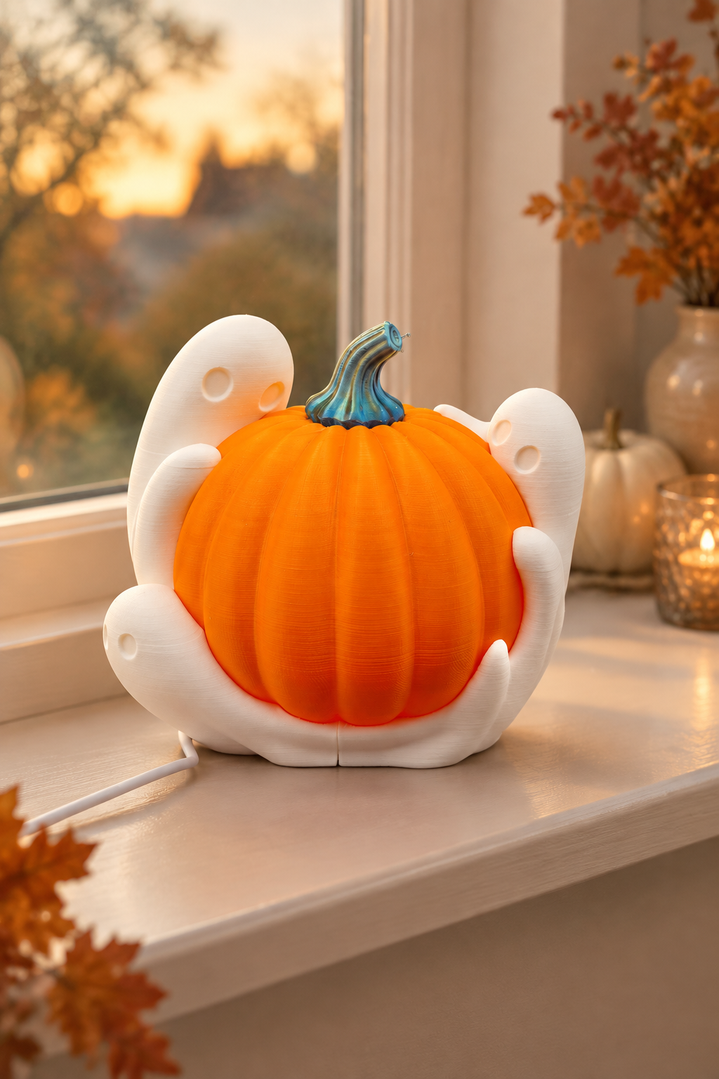 Ghost Pumpkin lamp on a softly lit window ledge