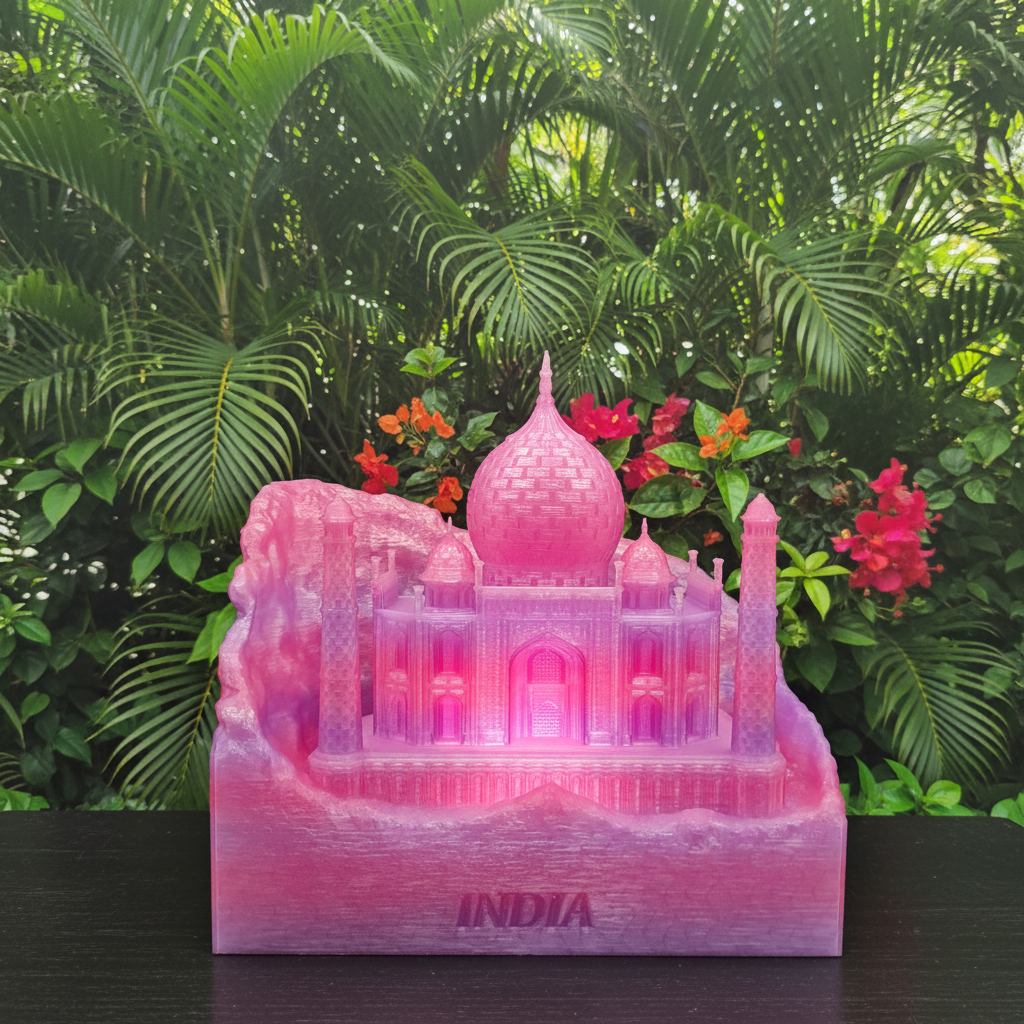 Translucent ruby India Taj Mahal lamp against lush Indian vegetation with palm fronds and red flowers