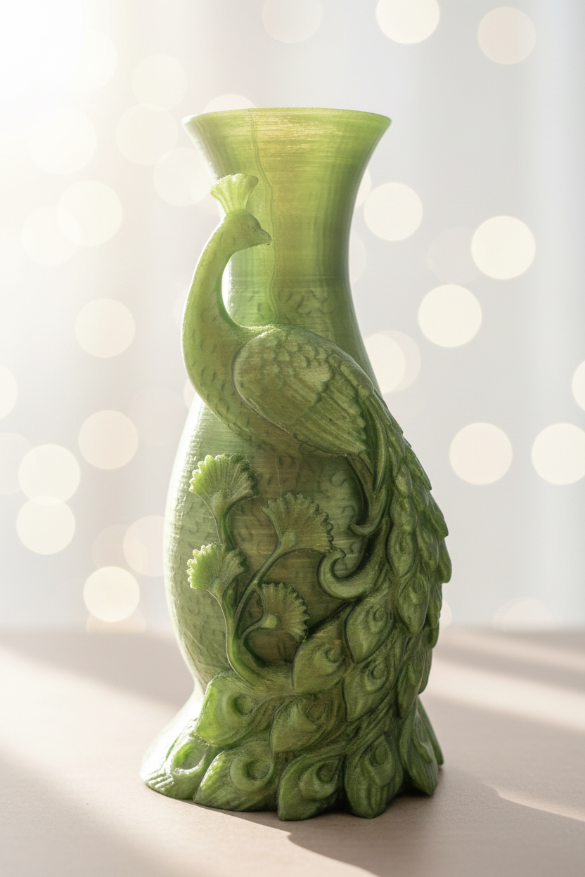 3D printed peacock vase front view in green and gold gradient filament