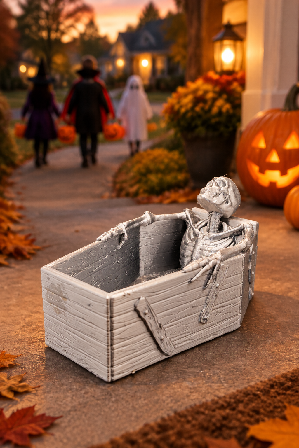 Small skeleton in a coffin-shaped treat holder on a Halloween porch with trick-or-treaters in the background