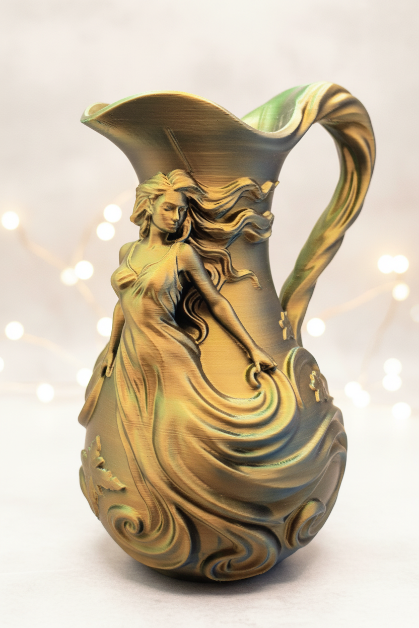 Art Nouveau goddess pitcher vase in bronze and gold multi-color filament