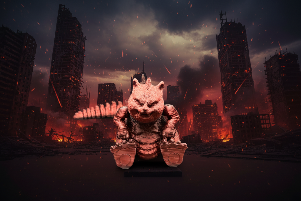 Godzilla Cat 3.5 inch fantasy figurine on dramatic cityscape background