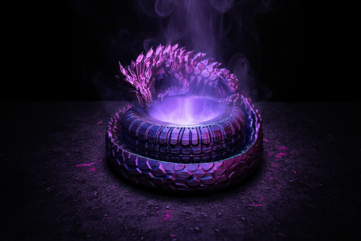Coiled dragon trinket dish on dark stone with ethereal purple and blue light emanating from within