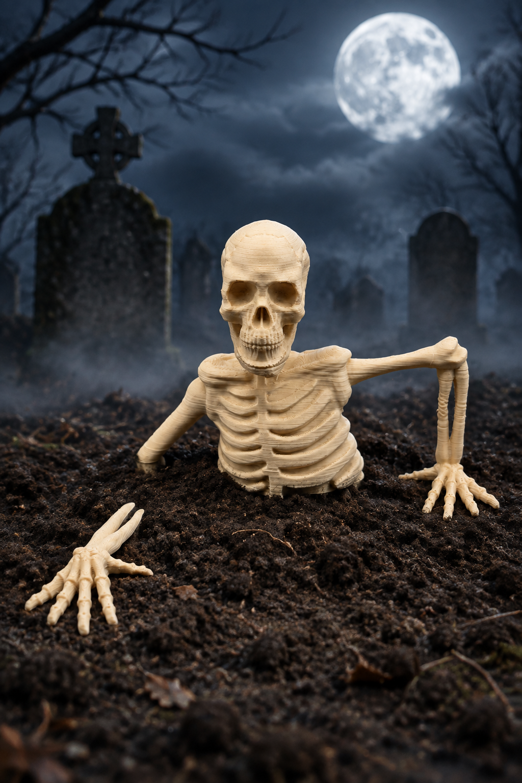 Small skeleton torso emerging from dark soil in a moonlit cemetery with gravestones and a full moon