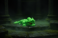 Toxic green 3D printed baby dragon figurine with yellow eyes in a dark fantasy atmospheric setting