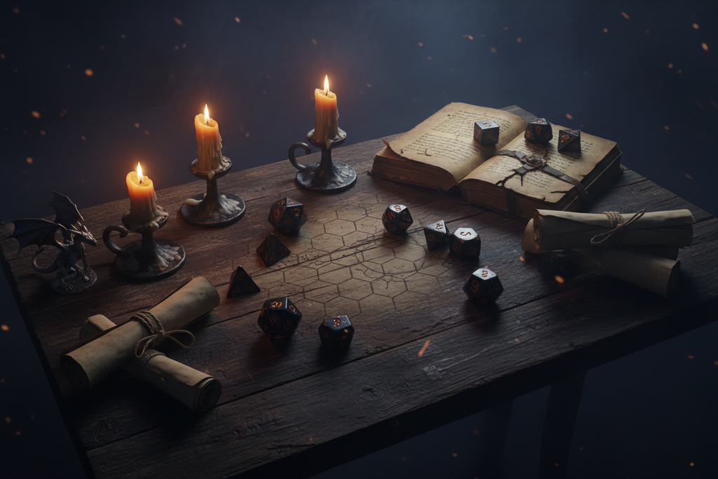 Dark fantasy tabletop gaming scene with dice, candles, and maps