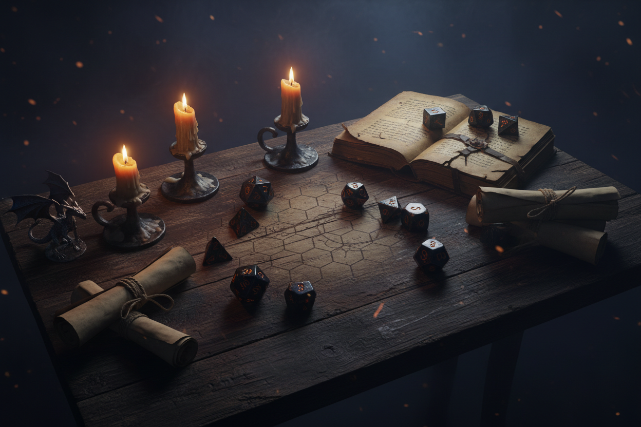 Dark fantasy tabletop gaming scene with dice, candles, and maps