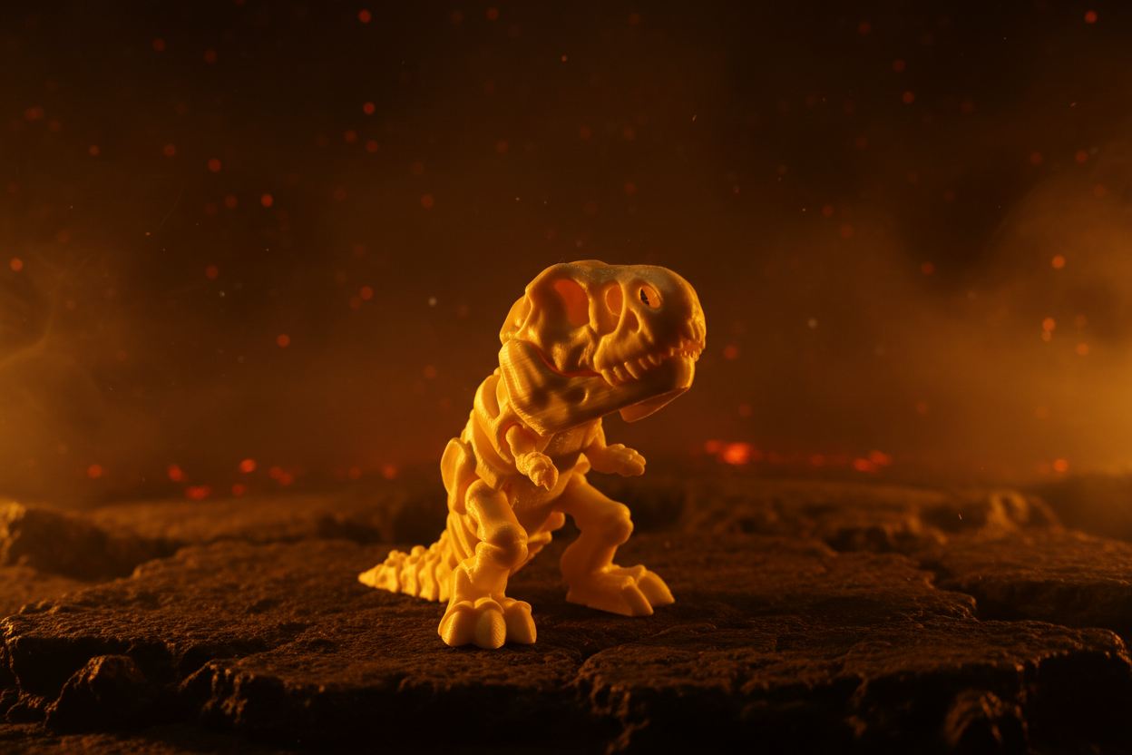 Cream-yellow skeleton T-Rex figurine in a dark amber volcanic atmospheric setting