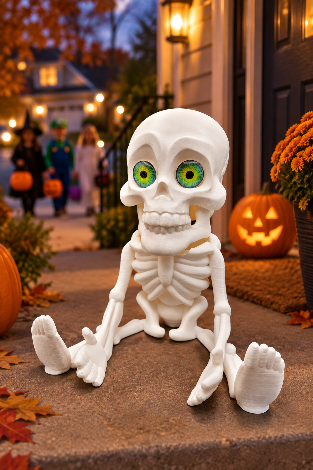 White skeleton treat holder with removable skull bowl on a Halloween porch with trick-or-treaters in the background