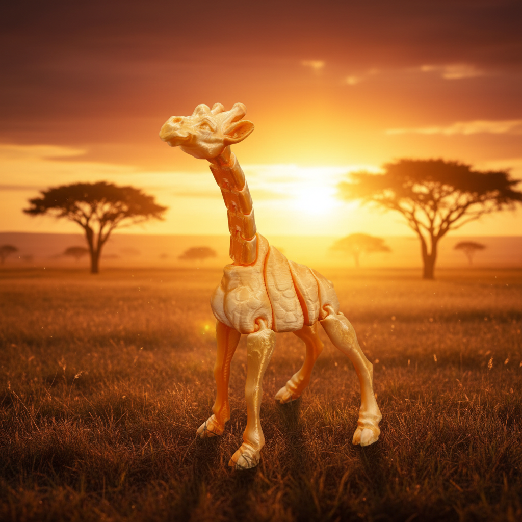 Articulated giraffe figurine against a golden hour African savanna sunset