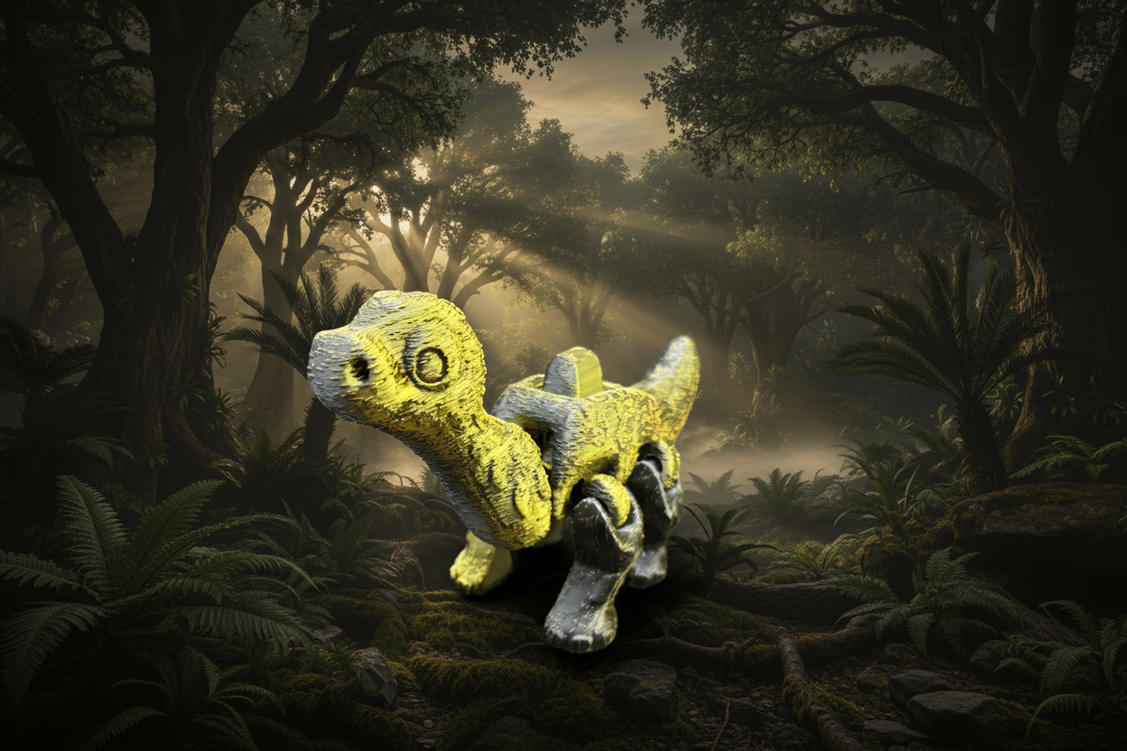 Interactive dinosaur figurine on prehistoric jungle background
