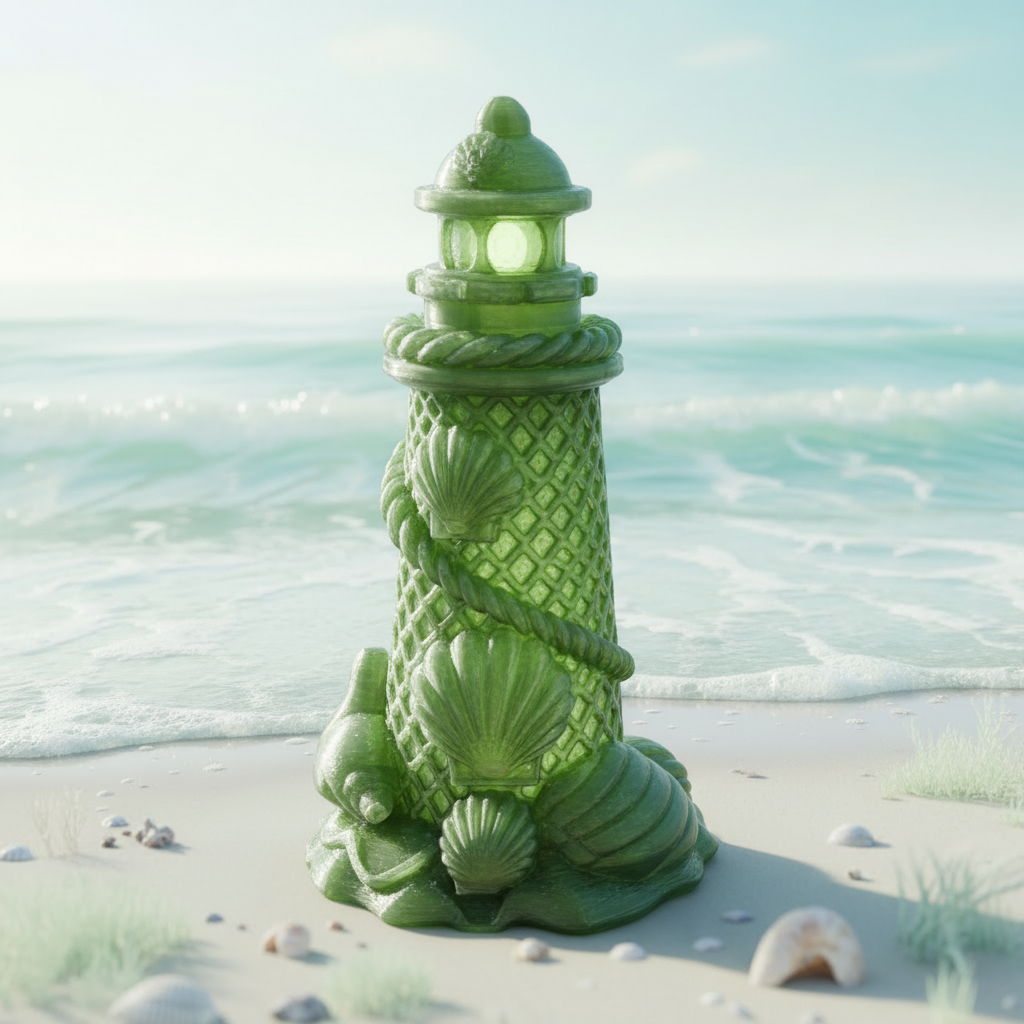 Translucent green 3D printed lighthouse tea lamp on sunlit sandy shore with soft ocean waves