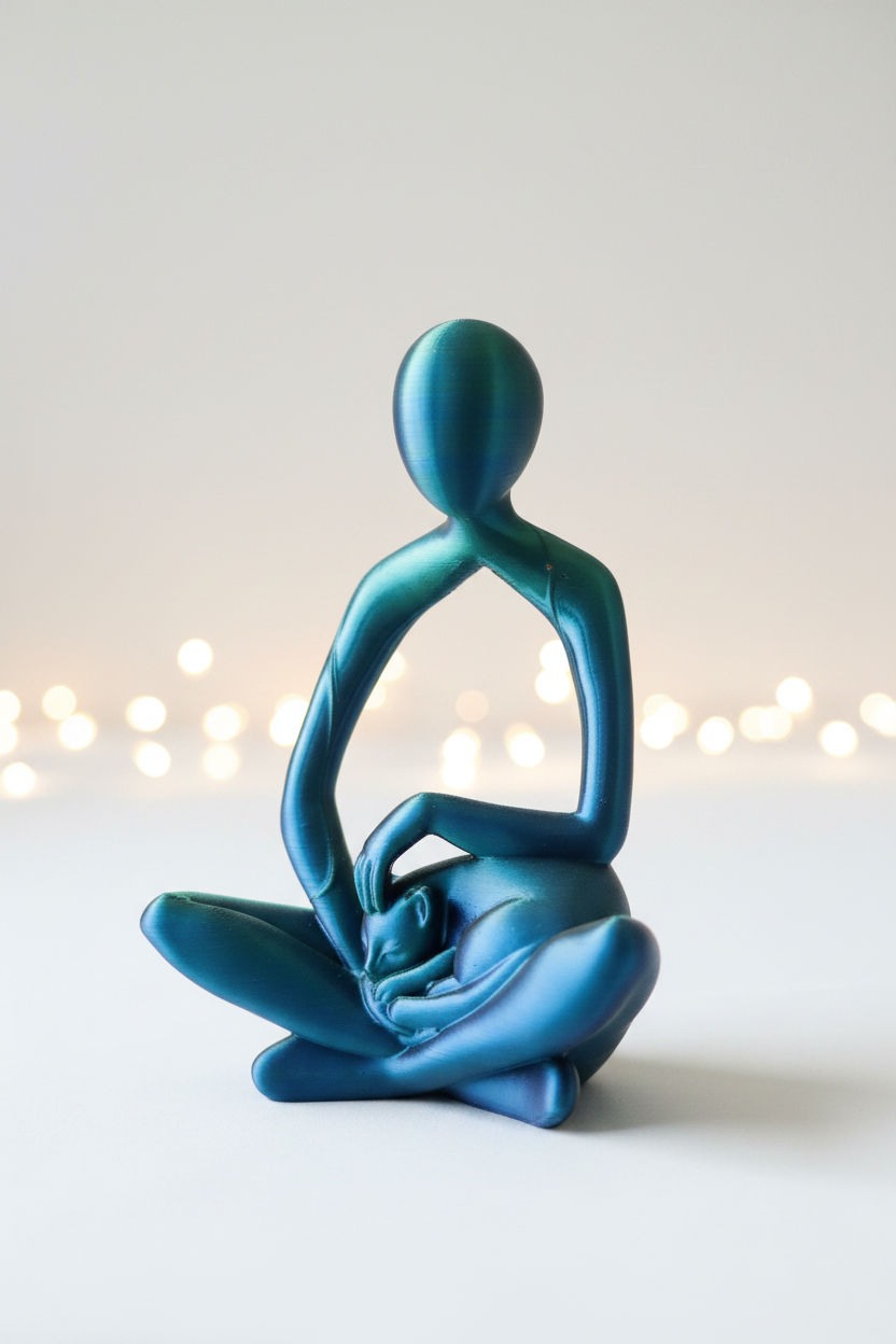 Abstract meditating figure with lap cat sculpture in blue and teal multi-color filament