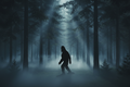 Bigfoot silhouette striding through a misty dark forest at dusk