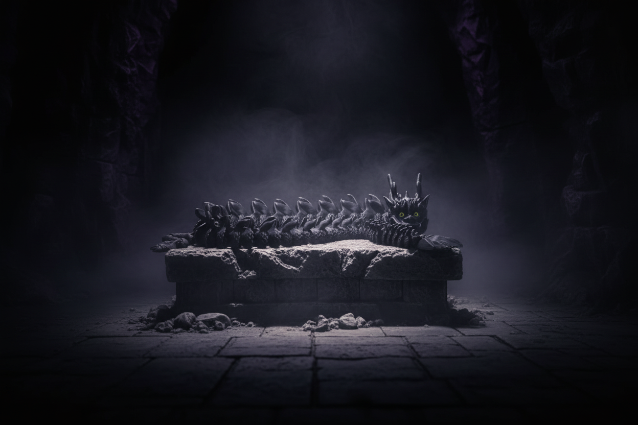 40 inch black imperial dragon on dark fantasy atmospheric background