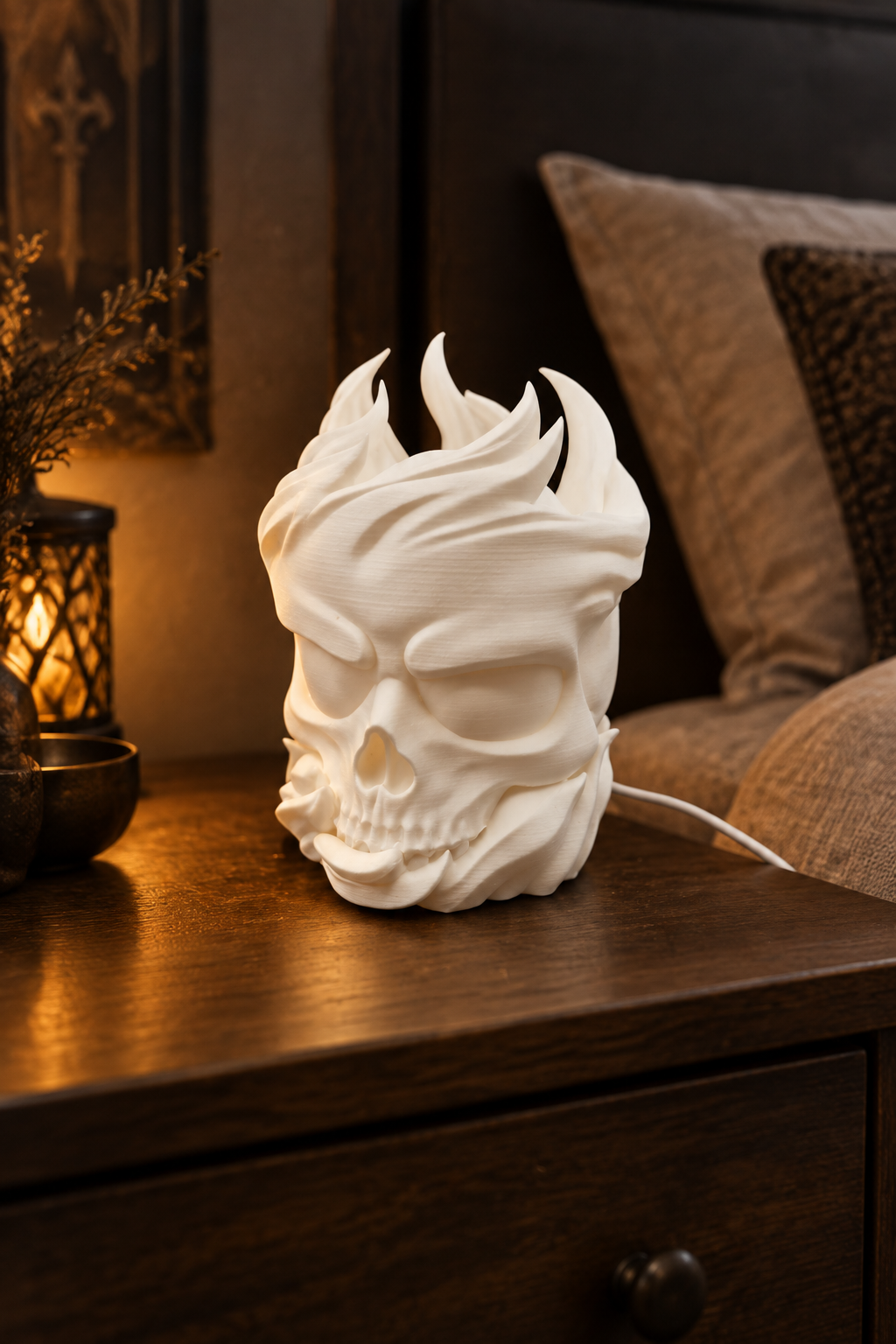 Stallion Globe Lamp on a nightstand with soft ambient lighting