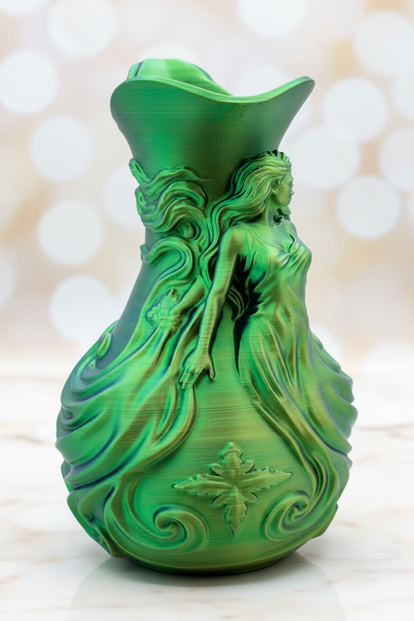 Art Nouveau goddess pitcher vase in vibrant green multi-color filament