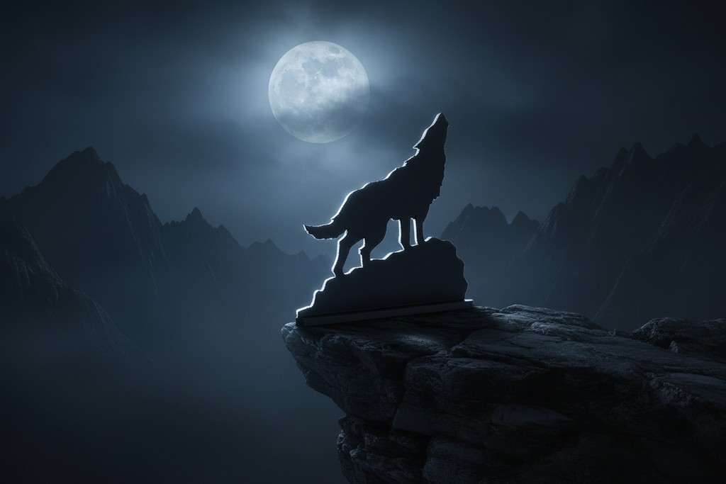 Matte black howling wolf silhouette art piece in a dark moonlit atmospheric setting