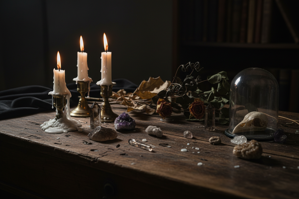 Dark fantasy desk scene background for skull planter
