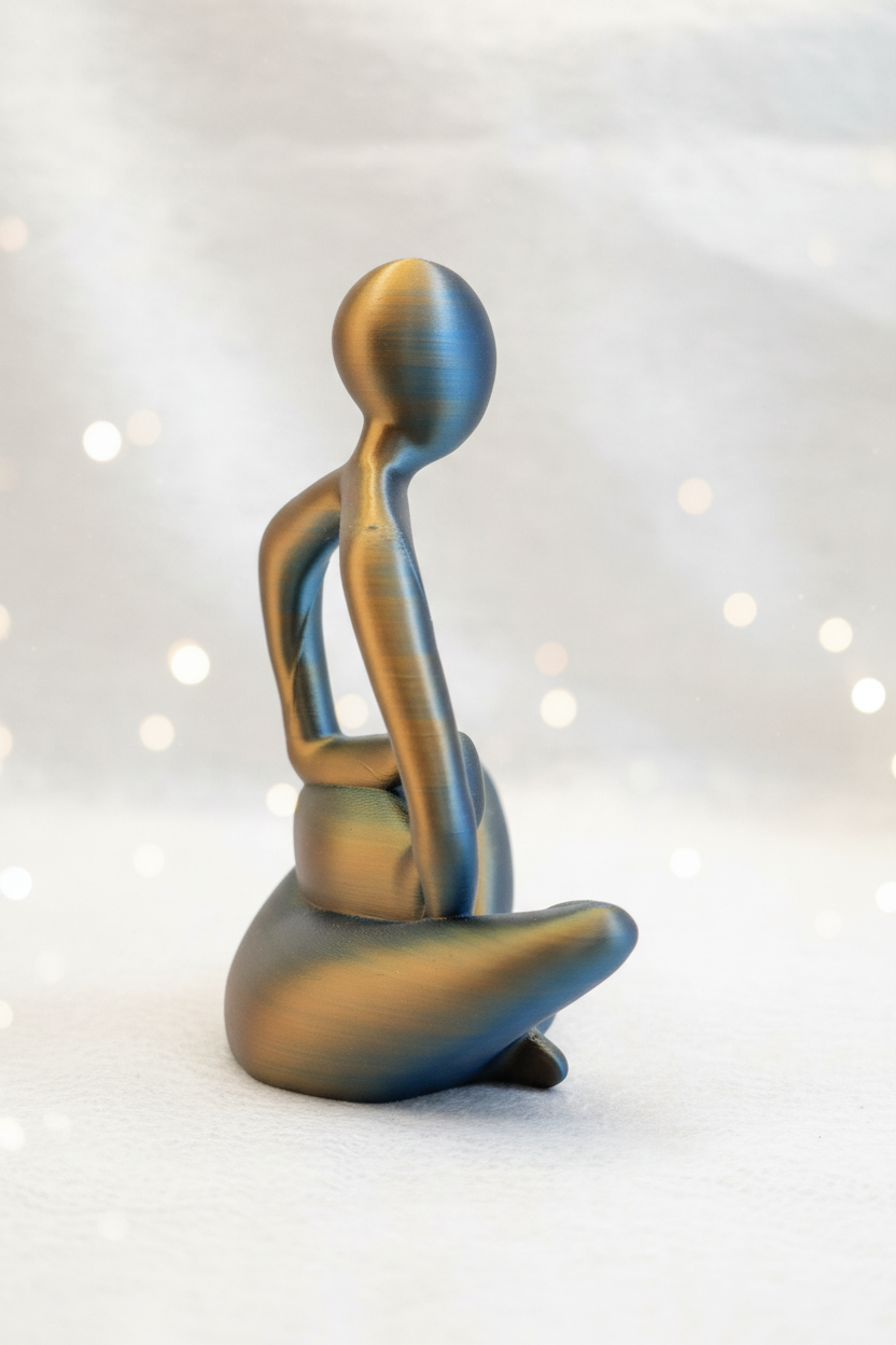 Abstract meditating figure sculpture side view in bronze and gold multi-color filament