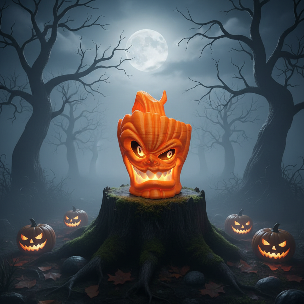 Angry pumpkin head figurine in a dark misty Halloween forest scene