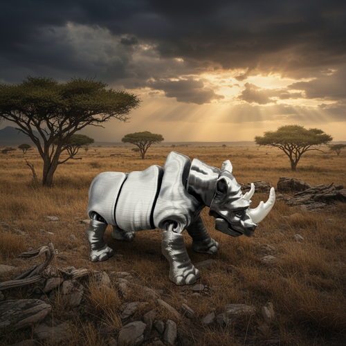 Articulated rhino figurine in a dramatic African savanna at dusk