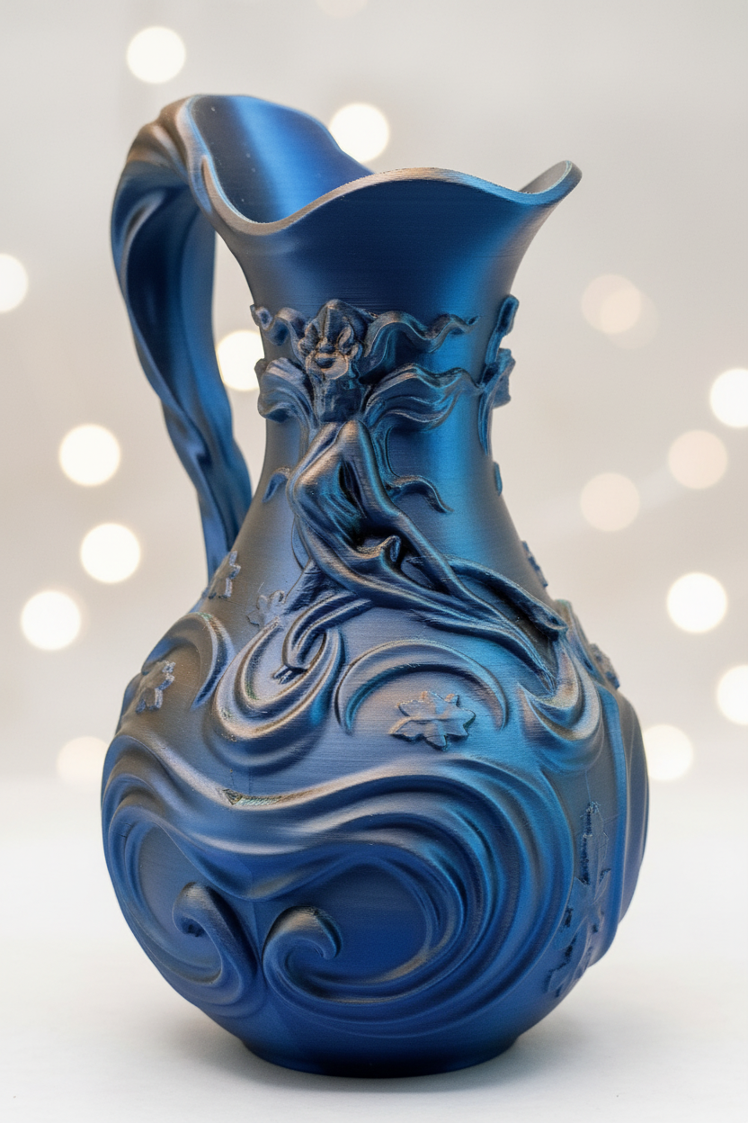 Art Nouveau goddess pitcher vase in deep blue multi-color filament
