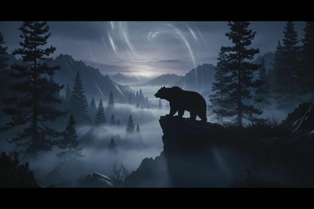 Bear silhouette against a misty mountain forest at dusk, atmospheric dark fantasy scene