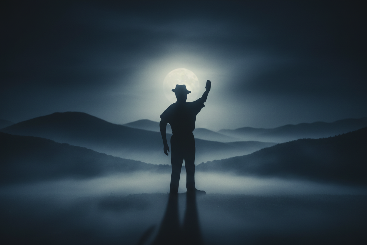 Atmospheric moonlit misty landscape background for waving man shadow sculpture