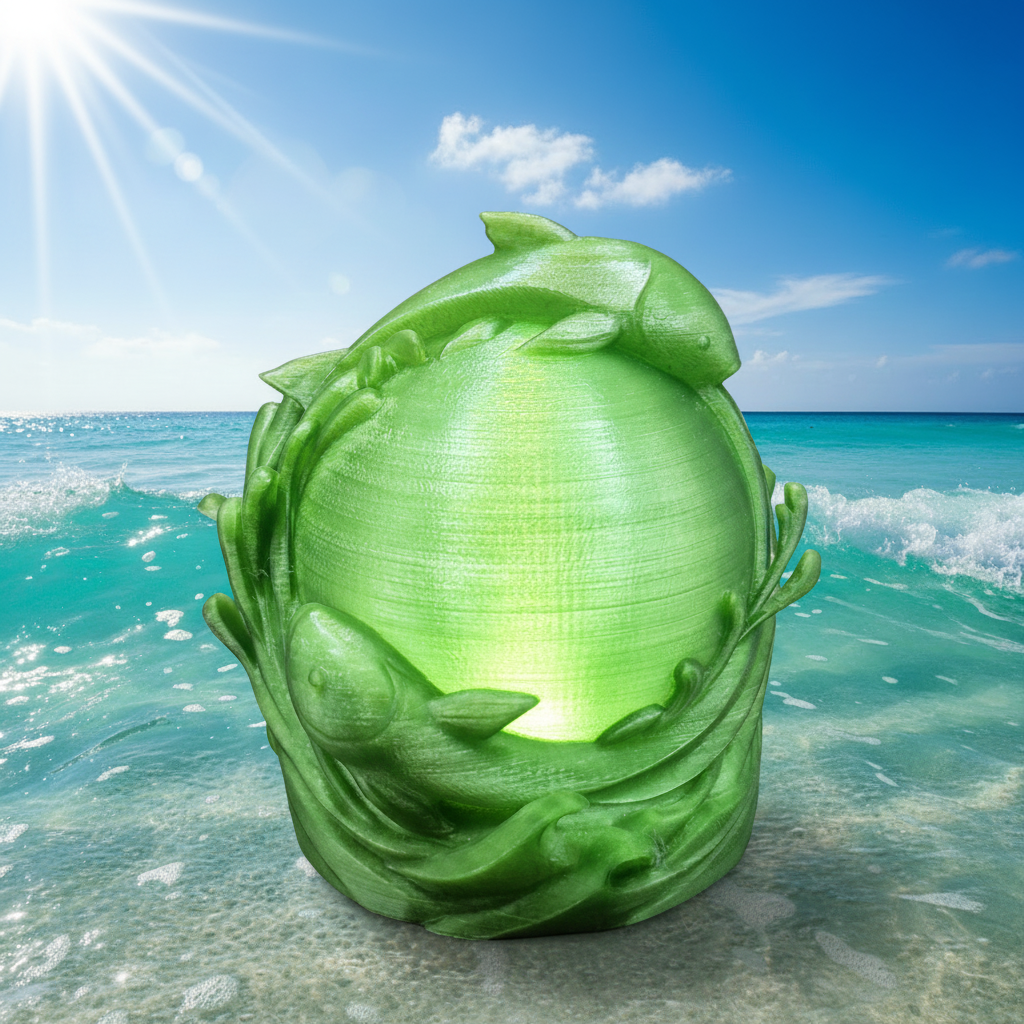 Translucent ocean green 3D printed dolphin globe lamp on a bright tropical ocean background with turquoise waves