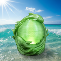 Translucent ocean green 3D printed dolphin globe lamp on a bright tropical ocean background with turquoise waves
