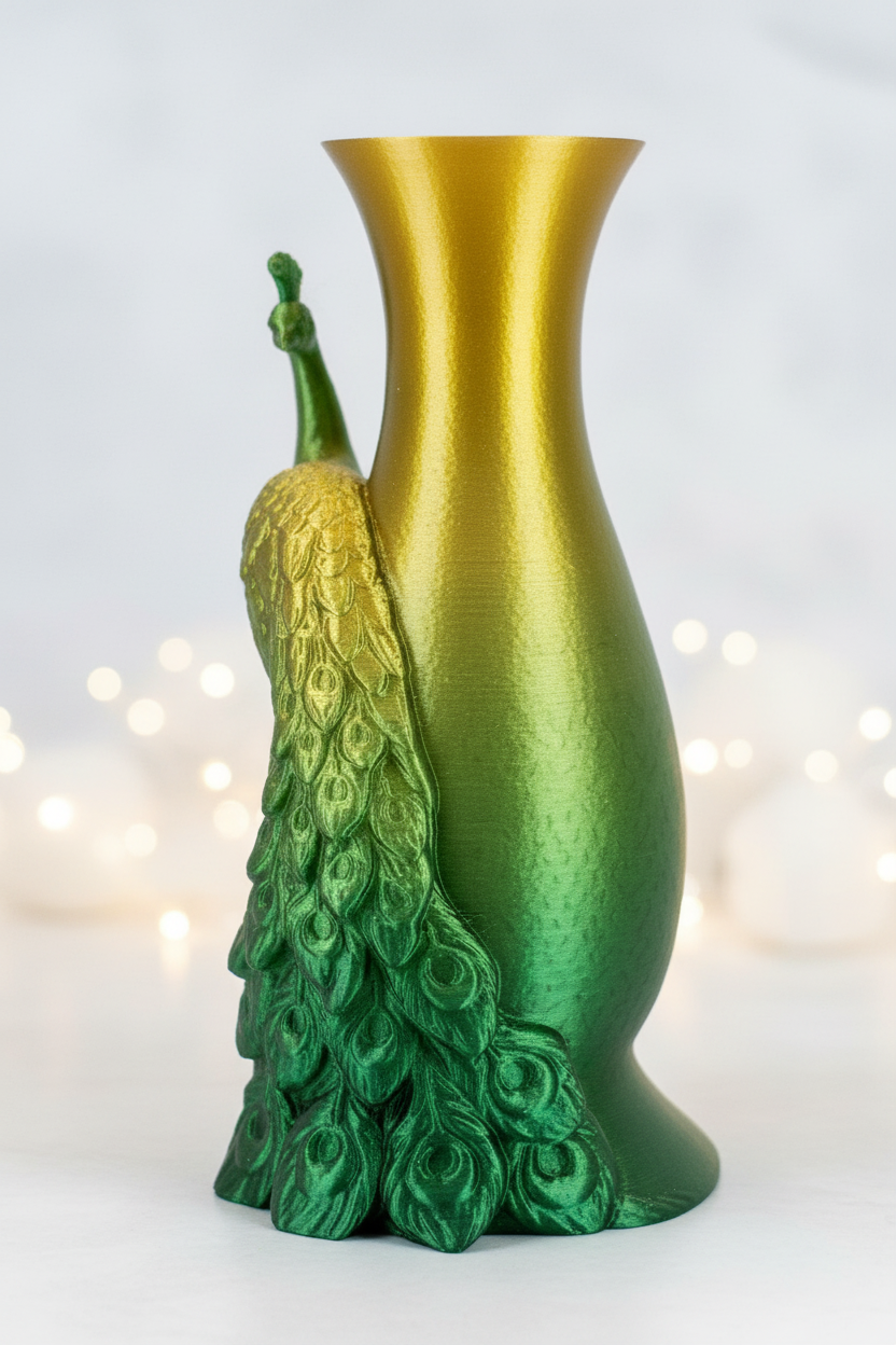 3D printed peacock vase side view in green and gold gradient filament