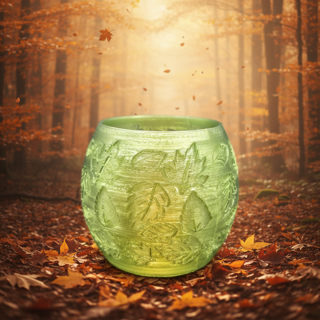 Translucent green 3D printed autumn leaves tea lamp on a sunlit fall forest floor with golden foliage