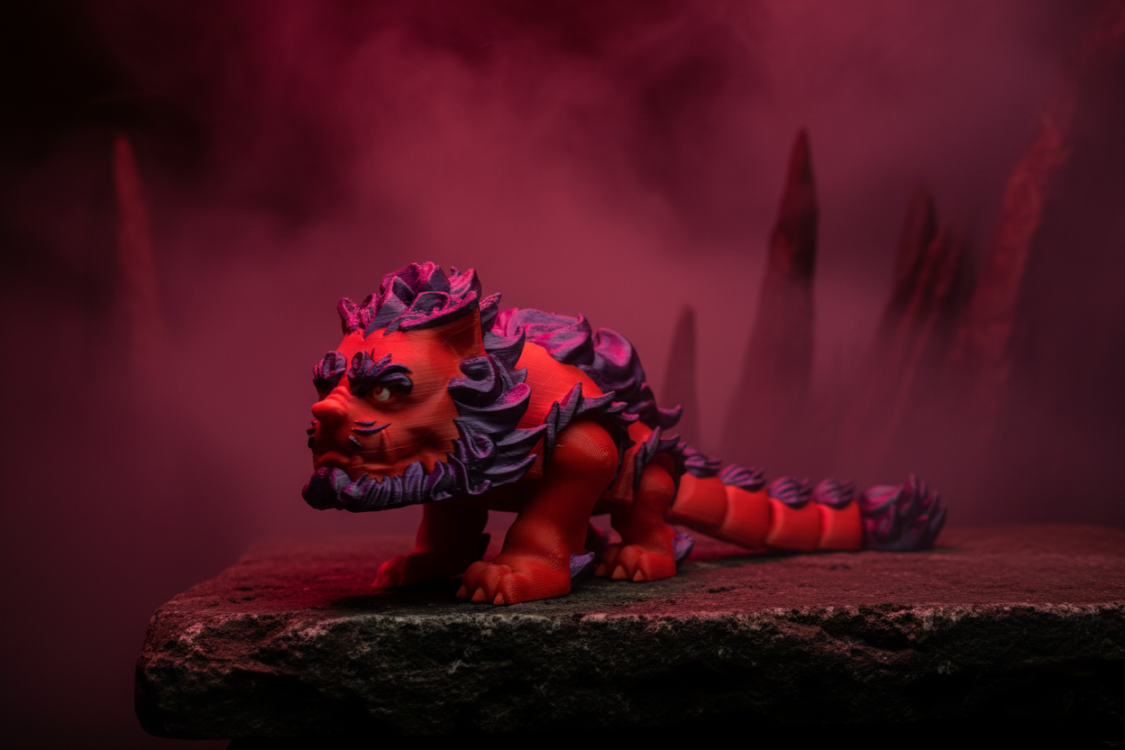 Crimson and violet Chinese dragon figurine in a dark fantasy atmospheric setting
