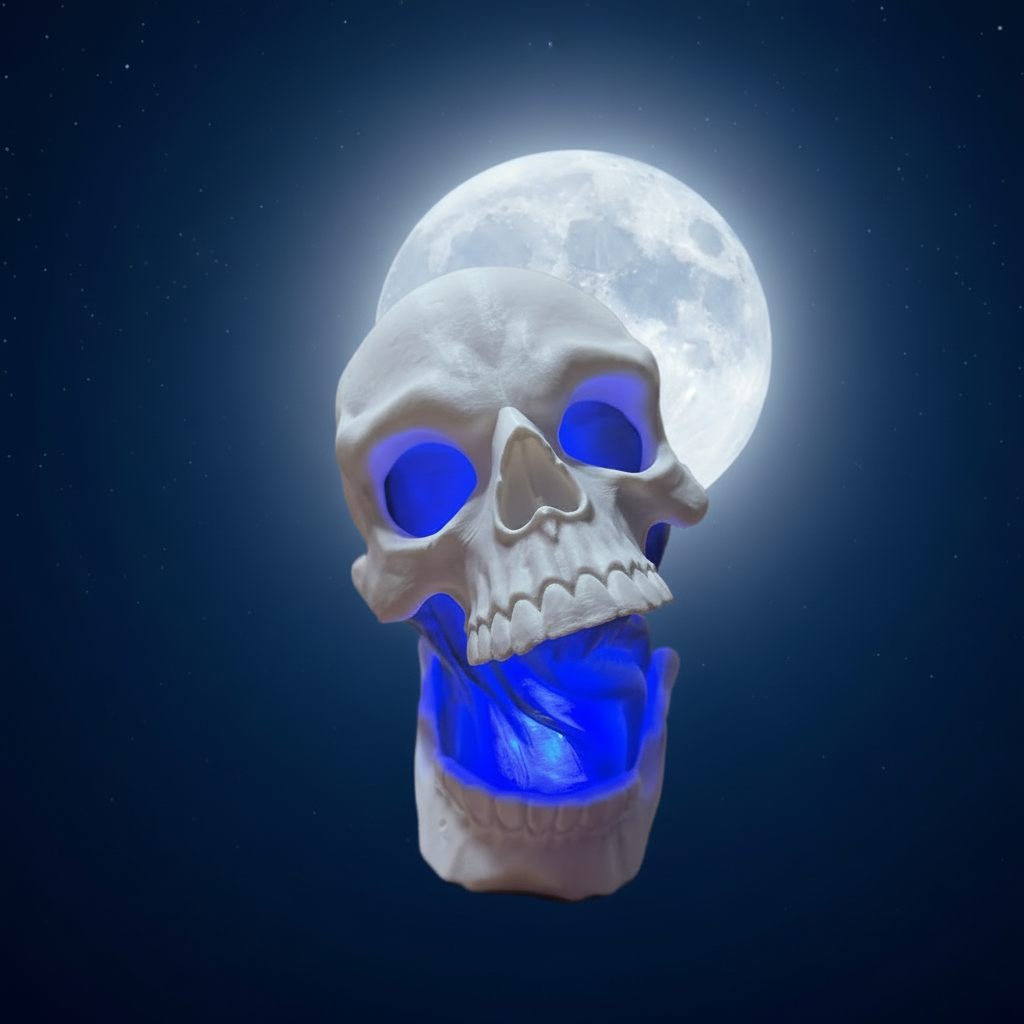 Skull Gut Lamp glowing blue with the full moon off to the side in a starry night sky