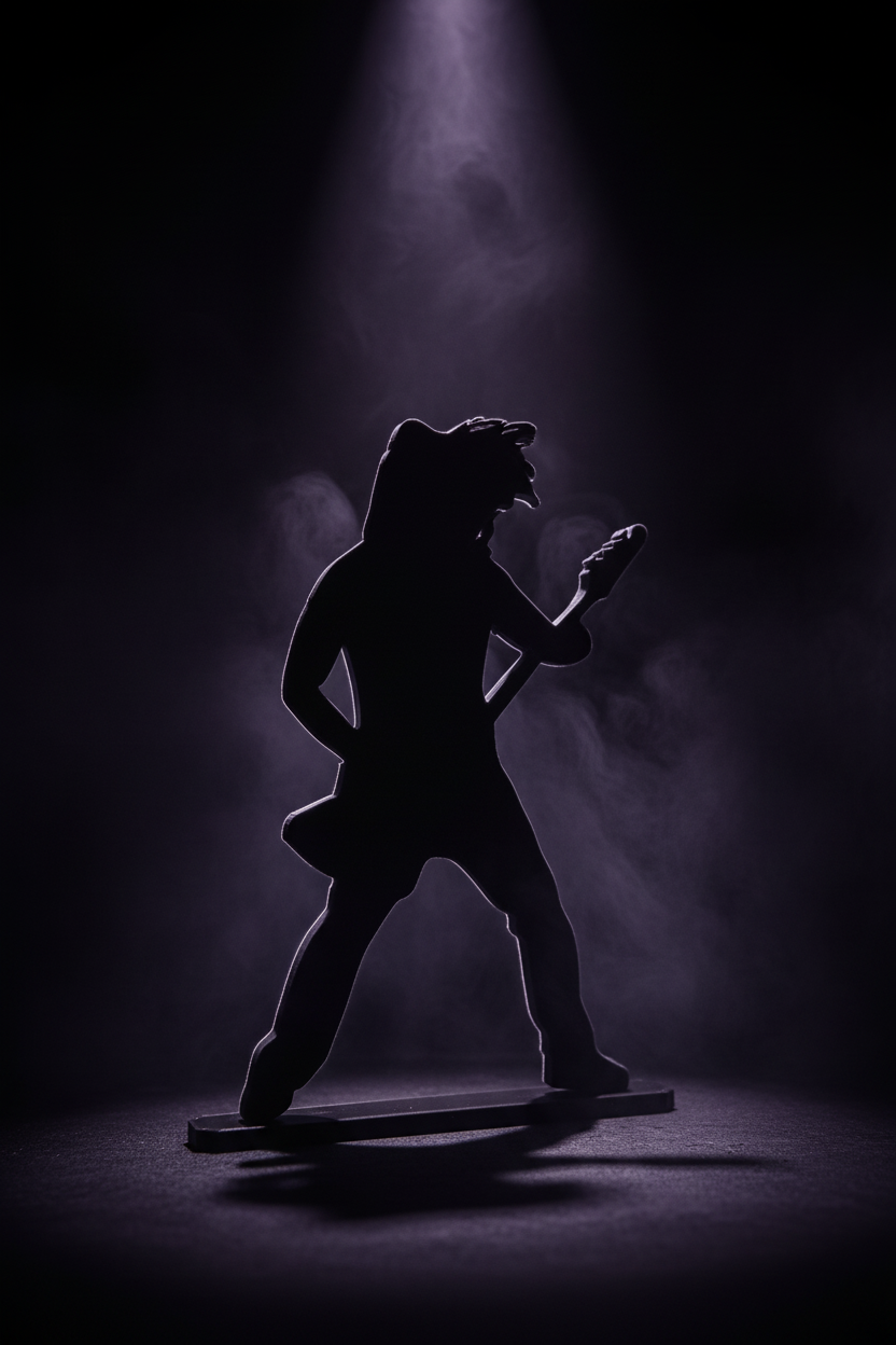 Matte black rock star guitarist silhouette art piece in a dark purple concert atmospheric setting