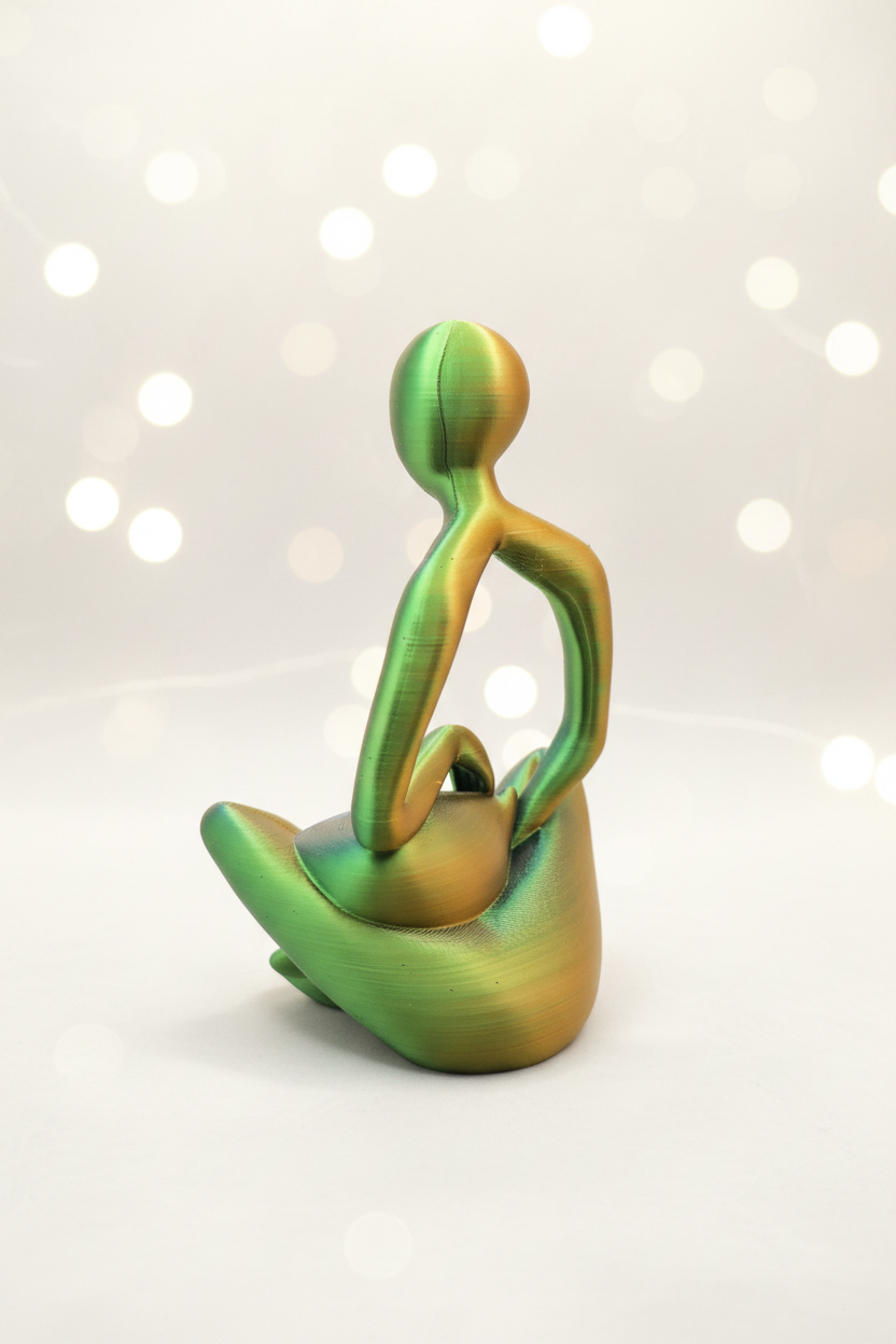 Abstract meditating figure with lap cat sculpture rear view in green and gold multi-color filament