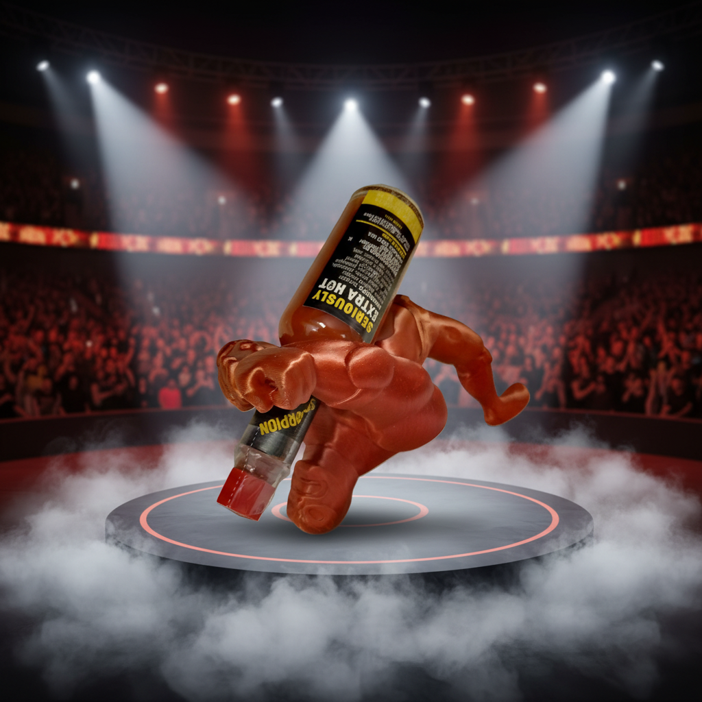 Red Demon Wrestler Hot Sauce Holder Enhanced