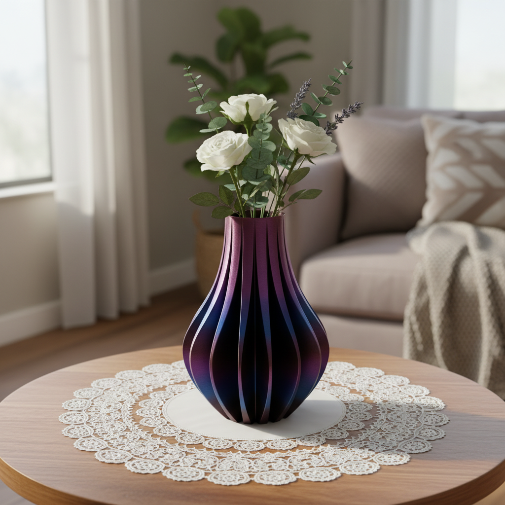 Ribbed Petal Vase on doily with flower