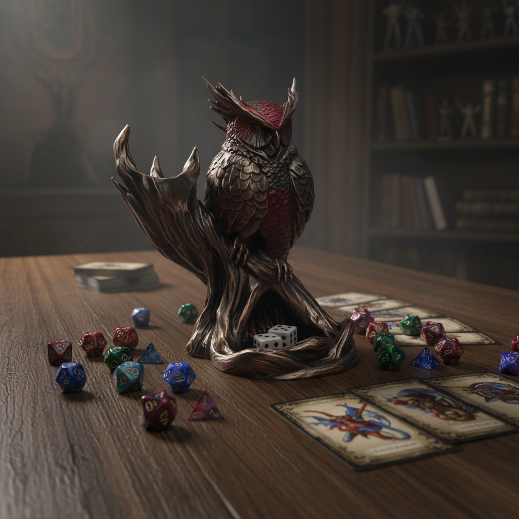 The Omen Owl Dice Tower on game table